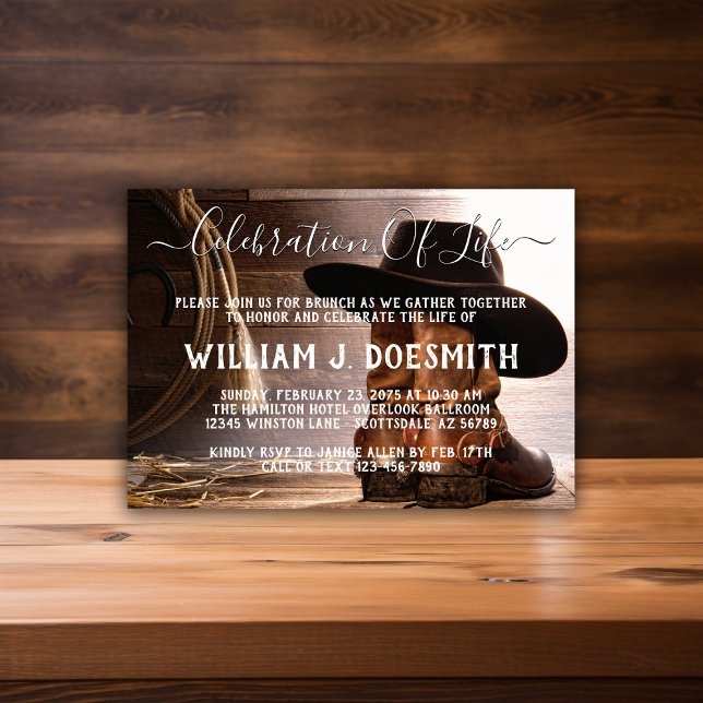 Convite Cowboy Boots Heredo Serviço de Memória Funeral (Cowboy memorial service and funeral announcement. Simply add your event details.)