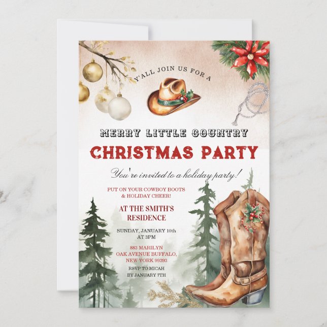 Convite Cowboy Boots Merry Little Country Christmas Party (Frente)