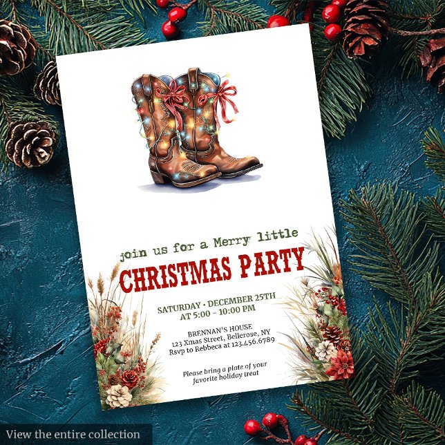 Convite Cowboy Boots Red Green Christmas Invitation (Rustic Western Christmas invite with cowboy boots, lassos, and festive red-green charm.)