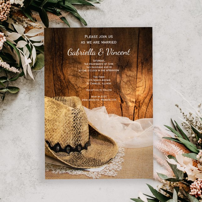 Convite Cowboy Hat and Barn Wood Country Western Wedding (Criador carregado)