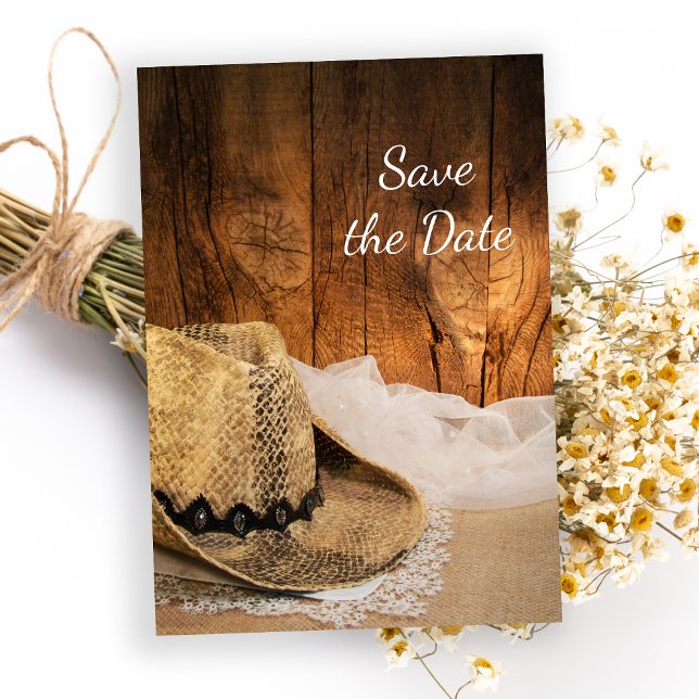 Convite Cowboy Hat Barn Wood Western Wedding Save the Date (Criador carregado)