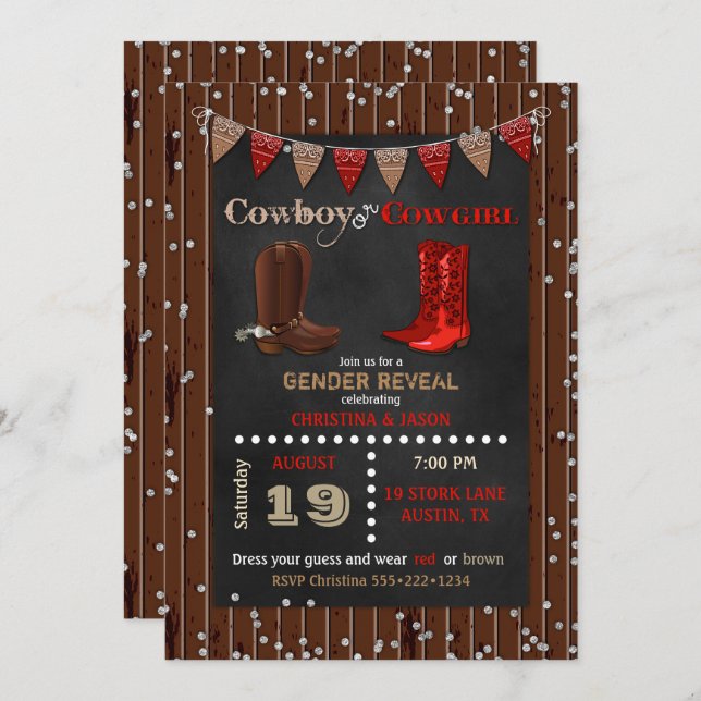 Convite Cowboy ou Cowgirl Western Gender Revelam Red Brown (Frente/Verso)