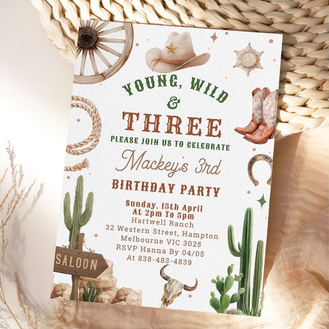 Convite Cowboy Young Wild & Three Birthday Invitation  (Criador carregado)