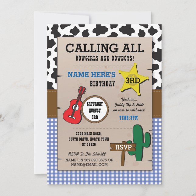 Convite Cowboys Blue Check Birthday Sheriff Western Invest (Frente)