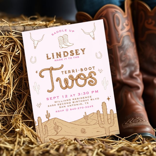 Convite Cowgirl 2nd Birthday Party Terri-Boot Twos Pink (Criador carregado)