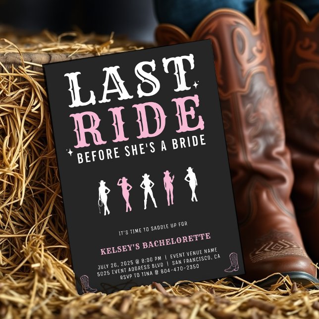Convite Cowgirl Bachelorette Party Last Ride Pink & Black (Criador carregado)