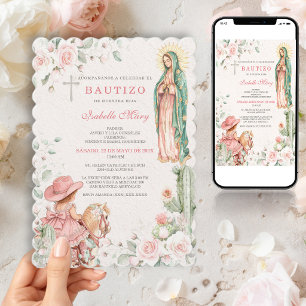 Convite Cowgirl Bautizo Rosa Menina Virgem de Guadalupe