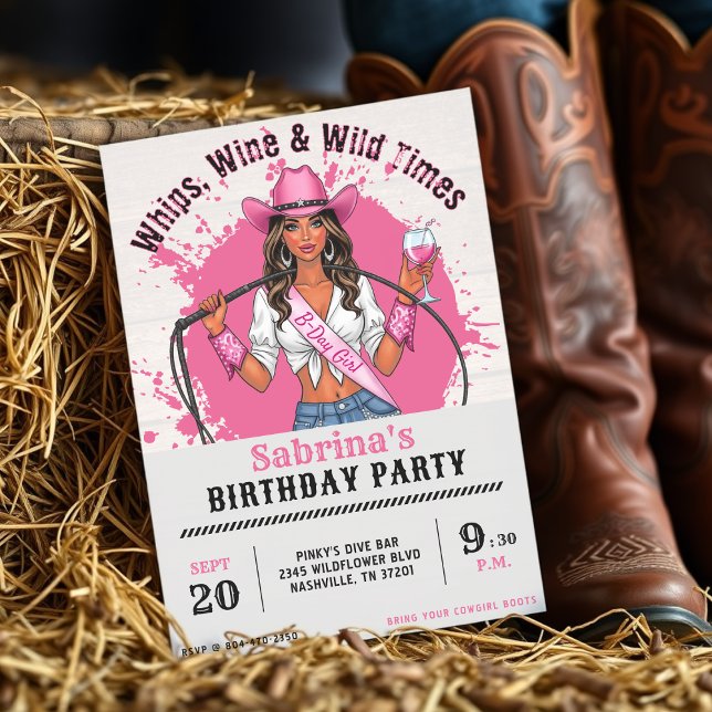 Convite Cowgirl Birthday Party Whips Wine & Wild Times (Cowgirl Birthday Party Whips Wine & Wild Times Invitation
)