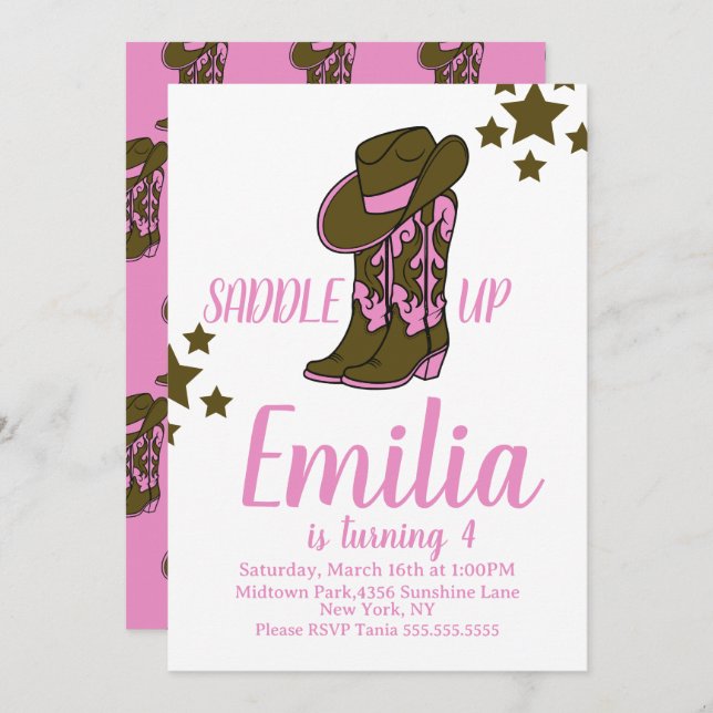 Convite Cowgirl Boots Horse Themed Birthday Pink (Frente/Verso)
