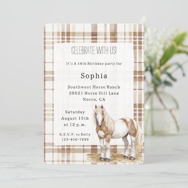 Convite Cowgirl Brown Plaid Stripes Horse Birthday   (Em pé/Frente)