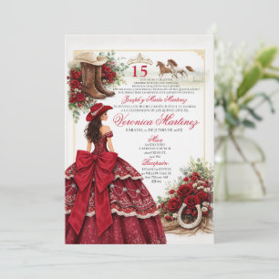 Convite Cowgirl Burgundy Western Quinceañera Charra