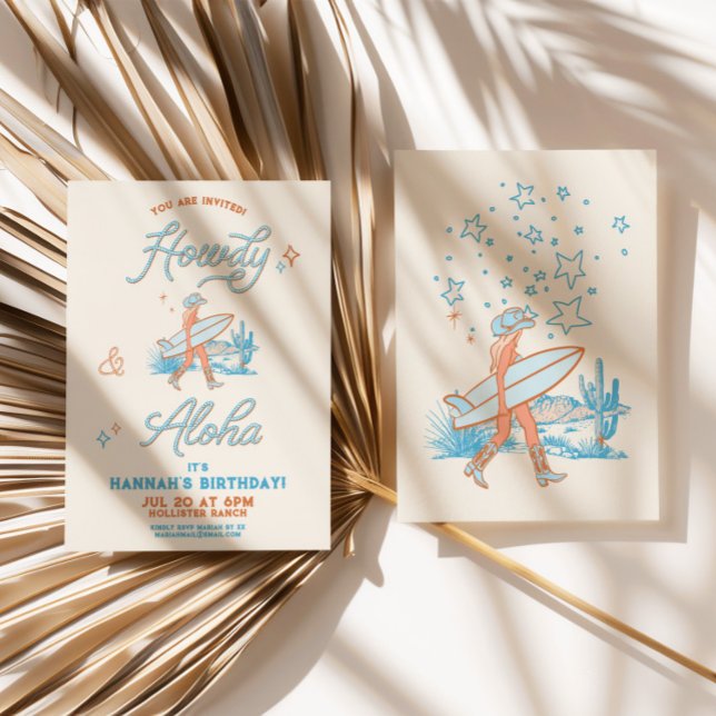 Convite Cowgirl Costeira Birthday Western Beach Party Blue (Coastal Cowgirl Birthday Western Beach Party Blue Invitation)