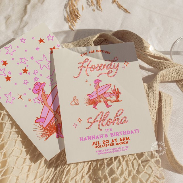 Convite Cowgirl Costeira Birthday Western Beach Party Pink (Coastal Cowgirl Birthday Western Beach Party Invitation)