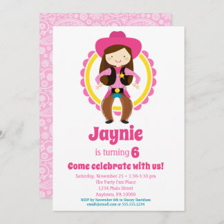 Convite Cowgirl - Festa de aniversário Brunette Cute Cowgi