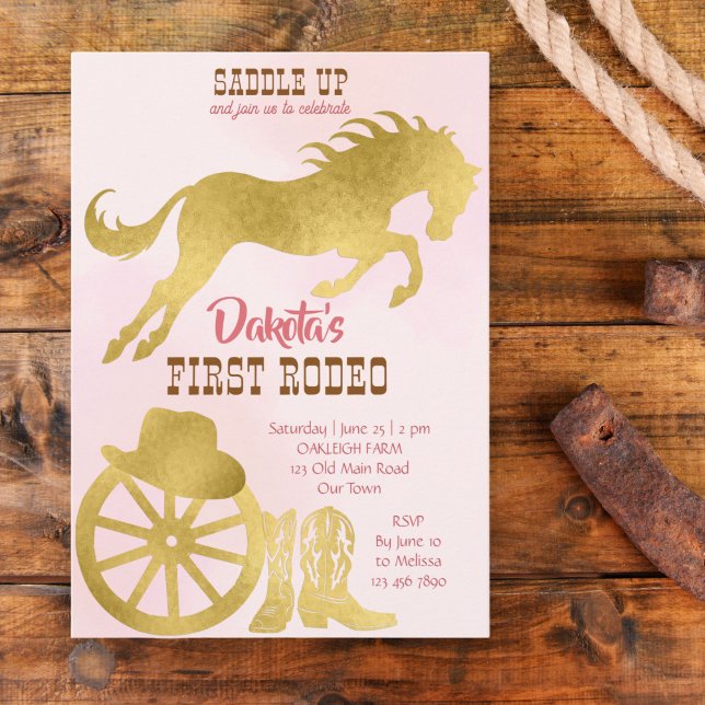 Convite Cowgirl first rodeo pink and gold birthday invite (Criador carregado)