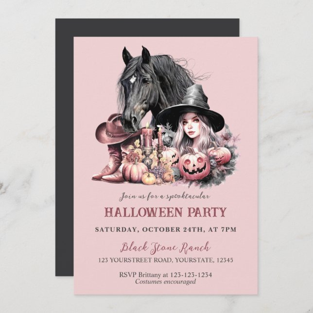 Convite Cowgirl Halloween, cavalo rosa, menina negra (Frente/Verso)