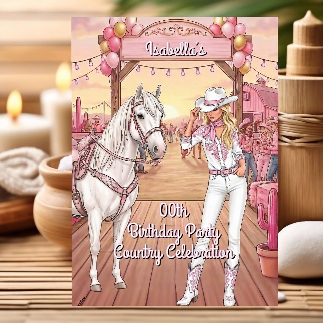 Convite Cowgirl Horse Pink White Ranch Birthday Party (Criador carregado)