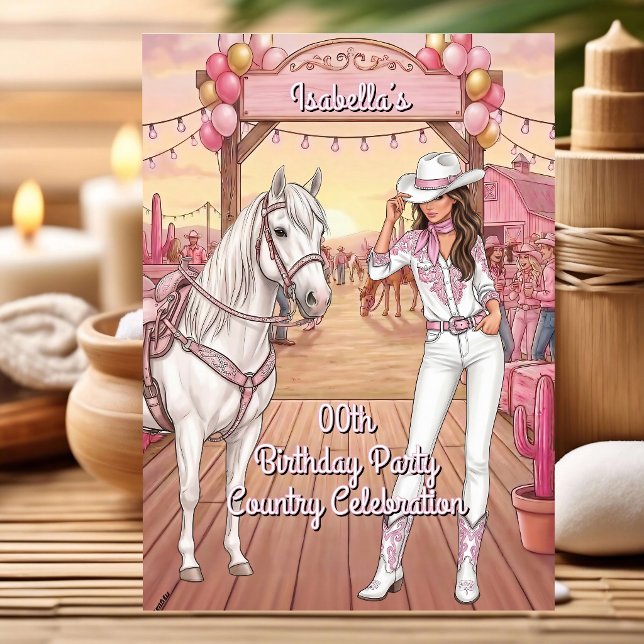 Convite Cowgirl Horse Pink White Ranch Birthday Party BR (Criador carregado)