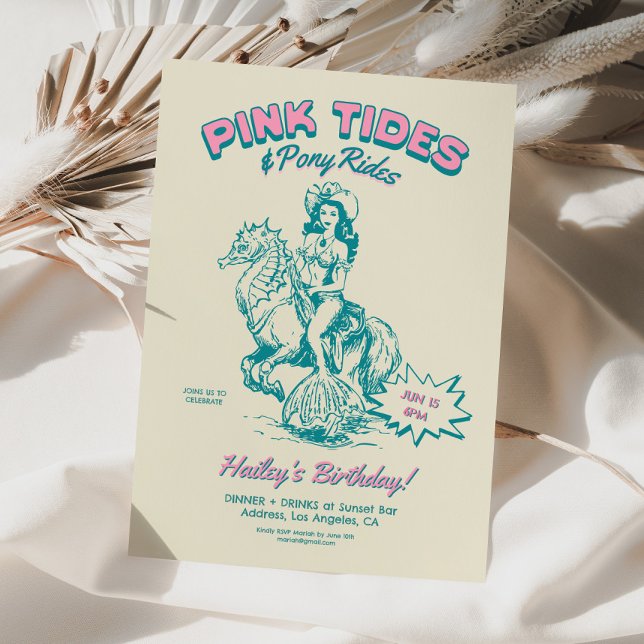 Convite Cowgirl Mermaid Birthday Tides Pony Rides (coastal cowgirl invite, mermaid birthday invite, adult mermaid invite, pink cowgirl party, retro bir)