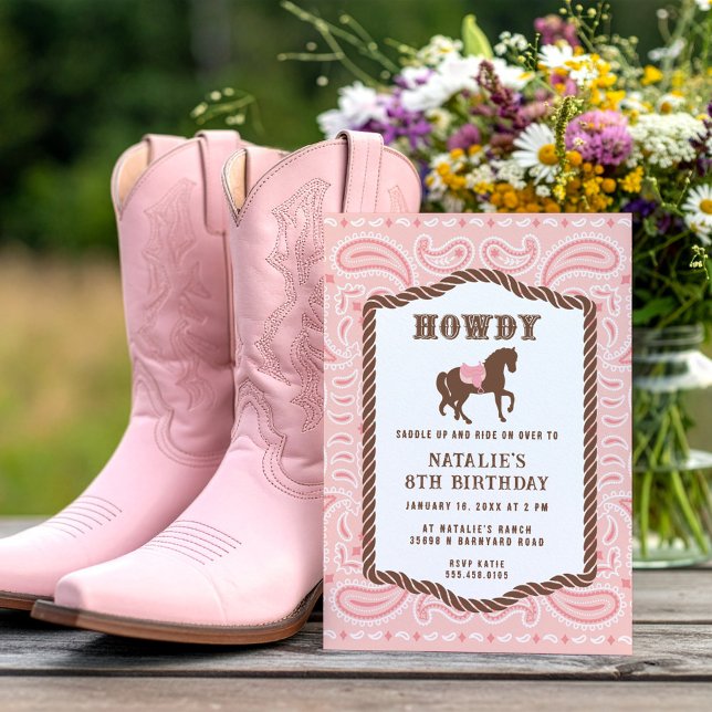 Convite Cowgirl Rosa | Silhueta de cavalos | Aniversário (Criador carregado)
