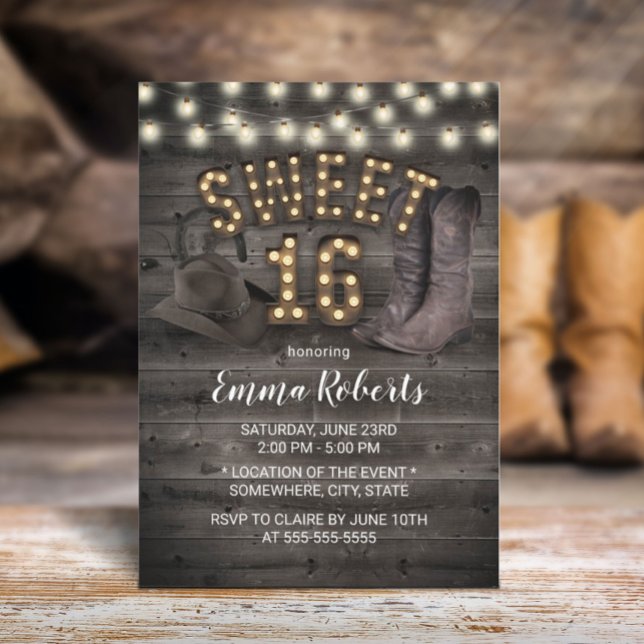 Convite Cowgirl Rustic Barn Wood Western Sweet 16 (Criador carregado)