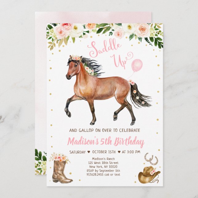 Convite CowGirl Saddle Up Horse Pony Birday (Frente/Verso)
