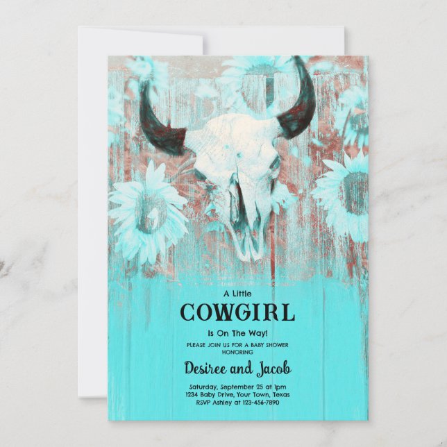 Convite Cowgirl Western Country Floral Teal Baby Shower (Frente)