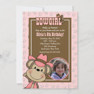 Convite Cowgirl Western Monkey 5 x 7 *PHOTO* Aniversário