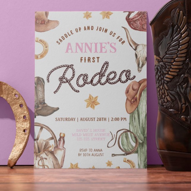 Convite Cowgirl Wild West 1rua Rodeo Ranch Festa de aniver (Cowgirl Wester Rodeo 1st Baby Girl Party Invitation Template Digital or printed )