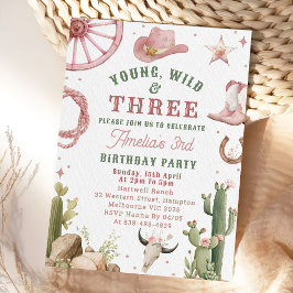 Convite Cowgirl Young Wild & Three Birthday Invitation 