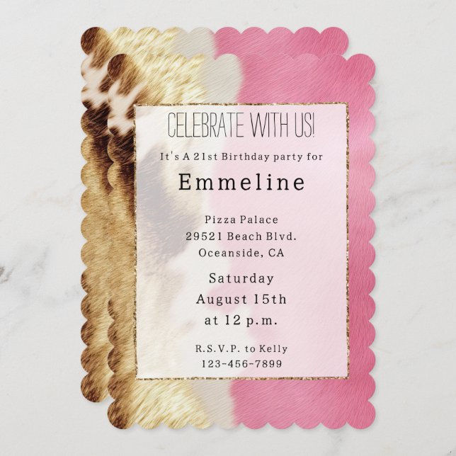 Convite Cowhide Dourada de Cowgirl Rosa Ocidental (Frente/Verso)