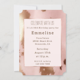 Convite Cowhide Dourada-Rosa-Rosa-Blush
