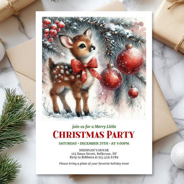 Convite Cozy baby fawn winter scene printable Christmas  (Cozy baby fawn winter scene printable Christmas invite)