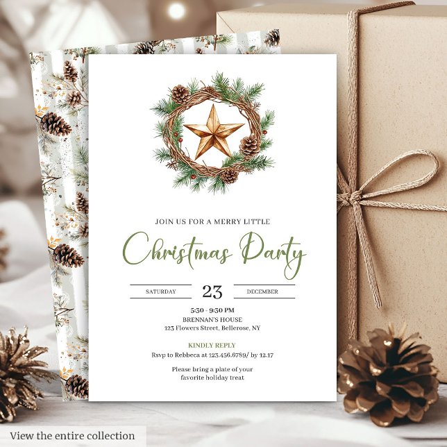 Convite Cozy Bohemian Pine Wreath Minimalist Christmas  (Cozy Bohemian Pine Wreath Minimalist Christmas Invite)