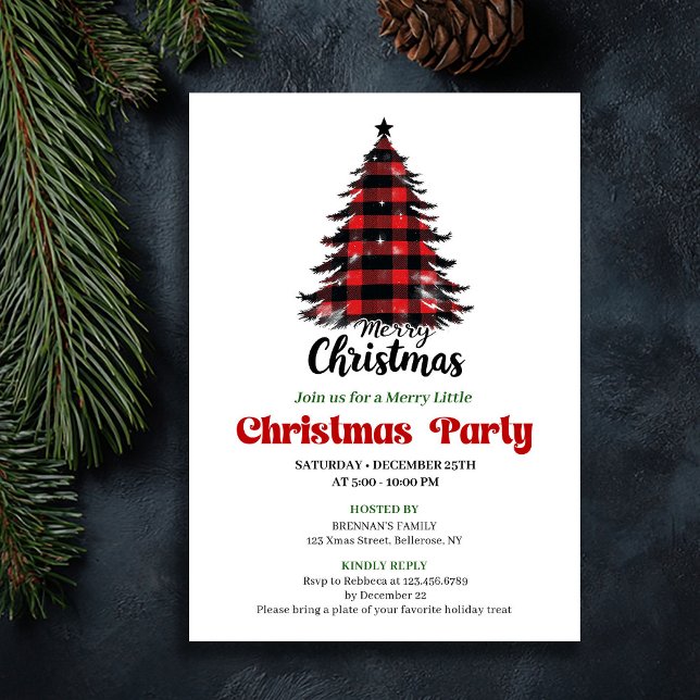 Convite Cozy Buffalo Check Christmas Tree Party Invite (Cozy Buffalo Check Christmas Tree Party Invite)