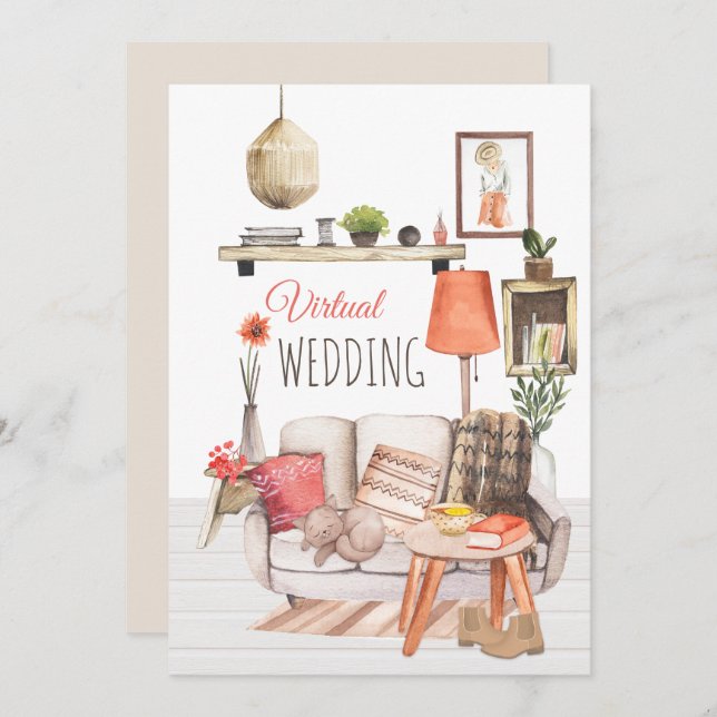 Convite Cozy Comfort of Home Script Virtual Wedding (Frente/Verso)