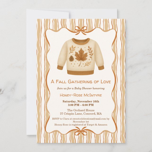 Convite Cozy Fall Baby Shower | Neutral Cream & orange (Frente)