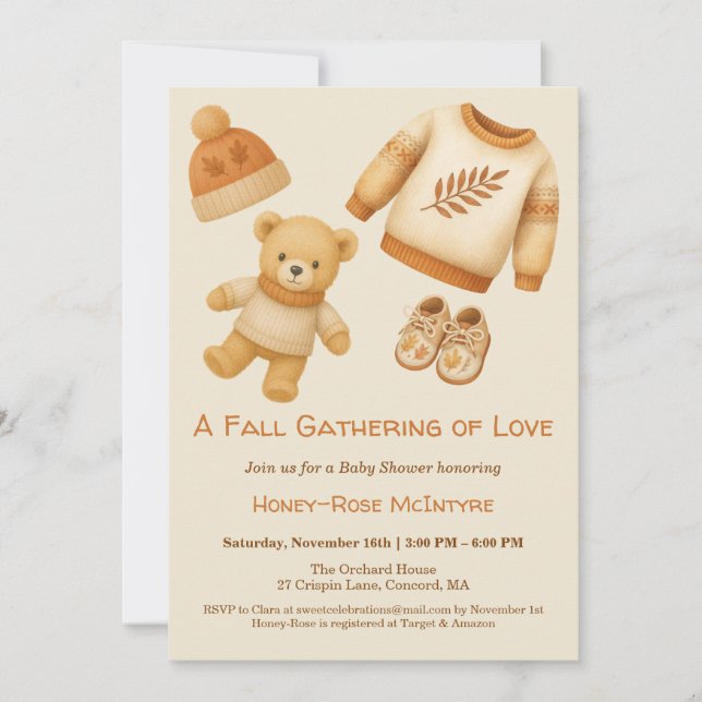 Convite Cozy Fall Baby Shower | Neutral Cream & orange (Frente)