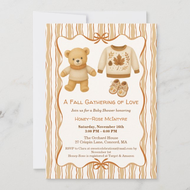 Convite Cozy Fall Baby Shower | Neutral Cream & orange (Frente)