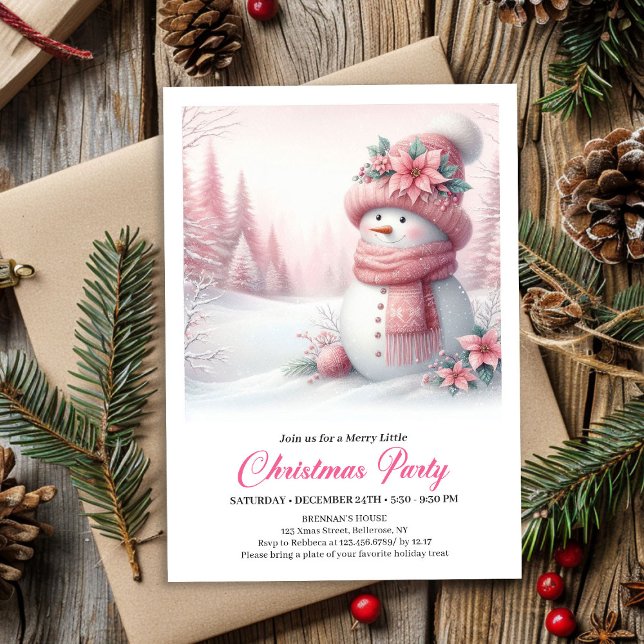 Convite Cozy Pink Snowman Kids Editable Digital Christmas  (Cozy Pink Snowman Kids Editable Digital Christmas Invitation

)
