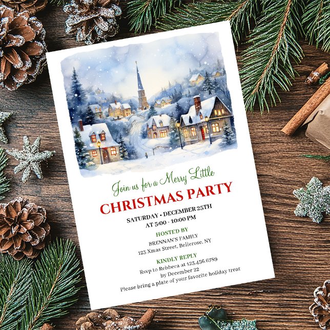 Convite Cozy watercolor Christmas village holiday scene   (Cozy watercolor Christmas village holiday scene invite)