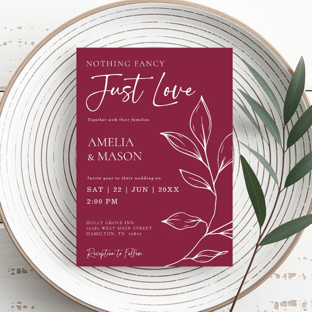 Convite Cranberry Hand Drawn Botanical Just Love Wedding (Cranberry Hand Drawn Botanical Just Love Wedding Invitation)