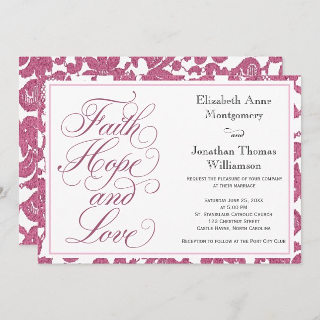 Convite Cranberry Lace Script Faith Hope & Love Wedding (Frente/Verso)