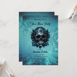 Convite Crânio azul escuro com rosas