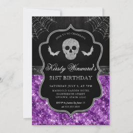 Convite Crânio Brilhante Roxo e Teia de Aranha Aniversário