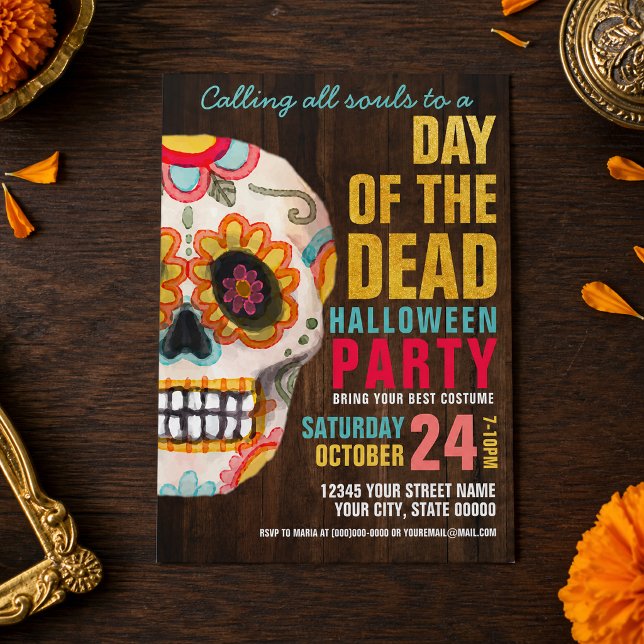 Convite Cranio de Açúcar em Madeira Rústica Dia dos Mortos (Call all souls to a colorful Day of the Dead Halloween party with this rustic sugar skull invite.)