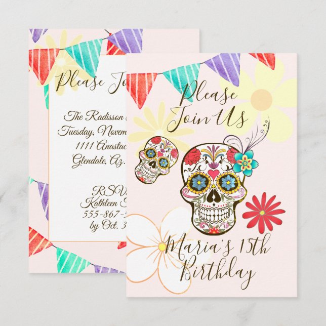 Convite Cranio de Açúcar Rosa de Pêssego Suave Floral Hipp (Frente/Verso)