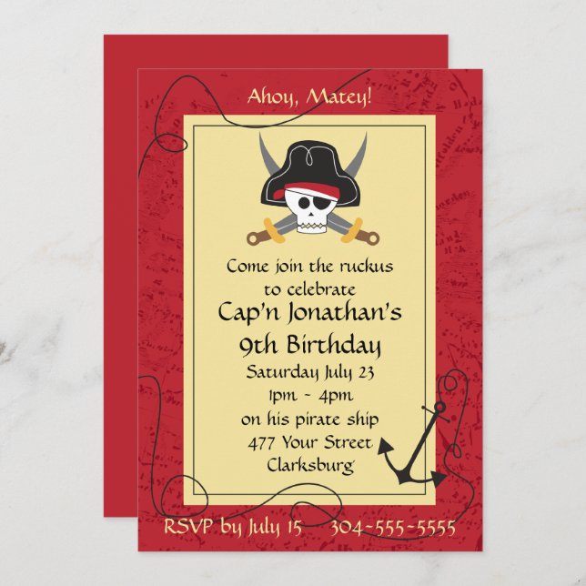 Convite Crânio do pirata e aniversário cruzado das espadas (Frente/Verso)