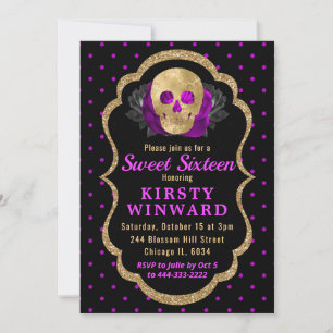 Convite Crânio Dourado Floral Bolinhas de Halloween Doce 1