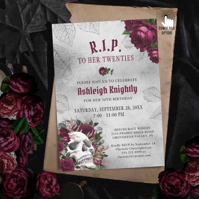 Convite Crânio e Rosas de Aniversário RIP Década  (Criador carregado)